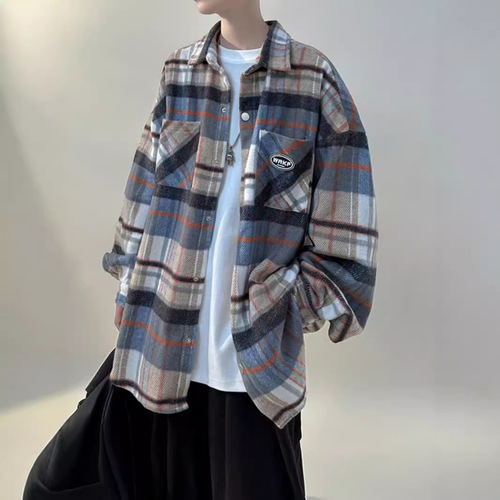 Men's Spring and Autumn Long-Sleeve Shirt with Floral Style, Loose Checkered Blouse, Plus Size Trendy Youth Stand Collar Jacket