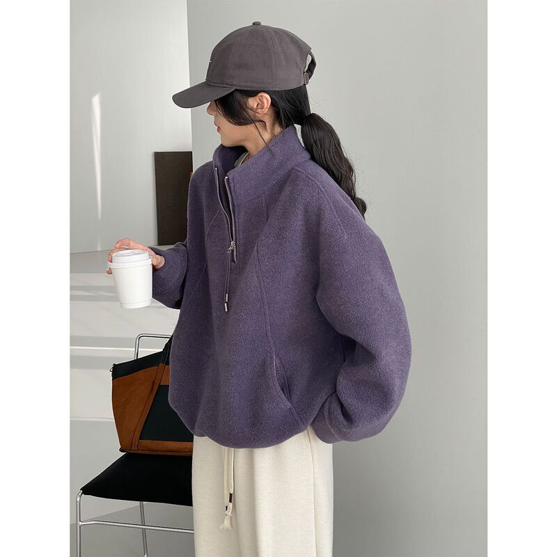 Perfect for Everyday Wear~ Lazy Style Stand-Up Collar Fleece-Lined Thickened Sweatshirt for Women, Loose Drawstring Half-Zip Top 6185 Perfect for Everyday Wear~ Lazy Style Stand-Up Collar Fleece-Lined Thickened Sweatshirt for Women, Loose Drawstring Half-Zip Top 6185