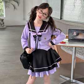 女童百褶裙水手服两件套中大童春季新款格子蝴蝶结长袖衬衫两件套