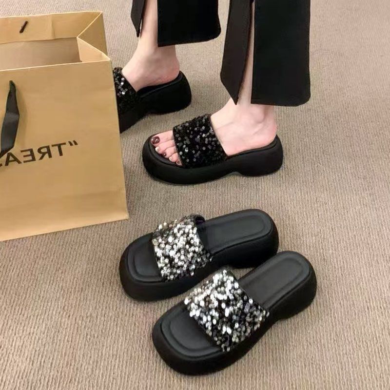 Black Beaded Open Toe Thick Slippers Women's 2024 Summer New Fashionable Square Head Waterproof Platform High Heel Comfortable