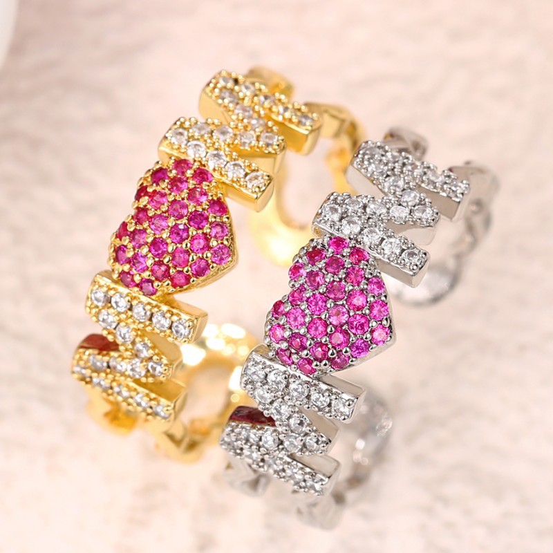 6g Weight Zircon Inlay Material Open Rings Classification Adjustable Ring Size 1 Piece Quantity Daily, Street Occasion Copper Material Letter, Heart Shape Pattern Women's Gender Inlay Design Shiny Style Shiny Letter Heart Shape Copper Inlay Zircon Open Rings 6