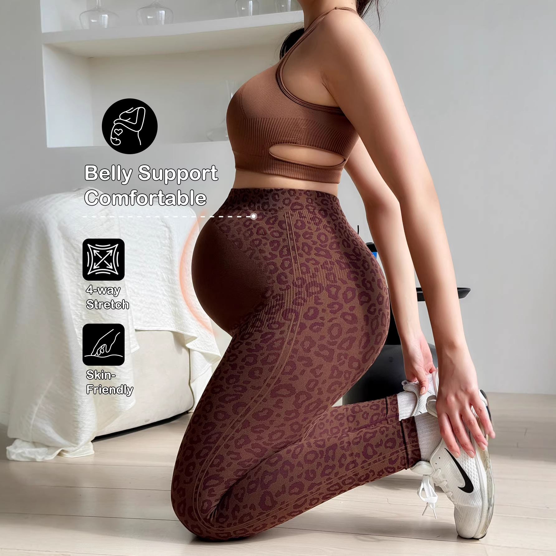 European and American Leopard Print Maternity Yoga Pants for Women, Slim High-Waisted Maternity Leggings, Tight-Fitting Butt-Lifting Sports Maternity Pants