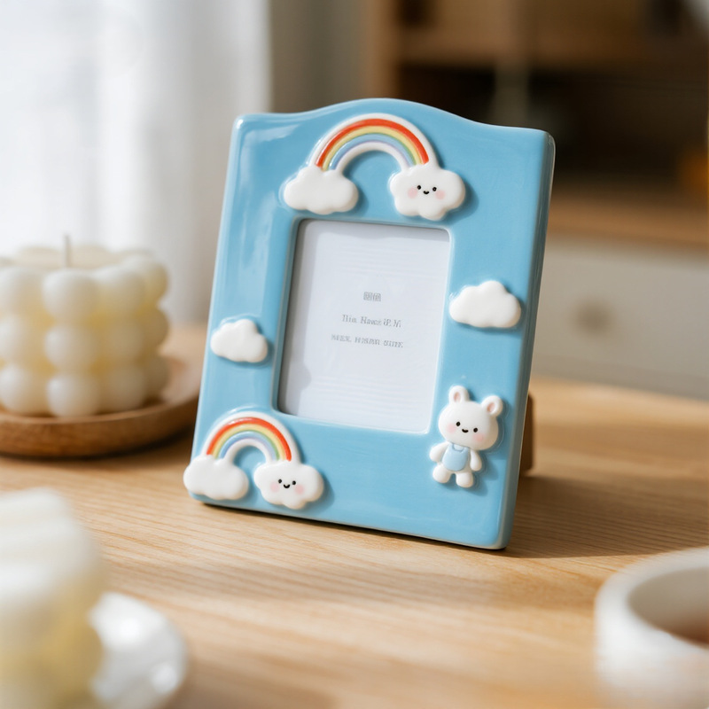 Childlike Style Blue Ceramic Photo Frame with Rainbow Clouds and Little White Rabbit 3D Decoration for Home Use, Cute Photo Display Frame