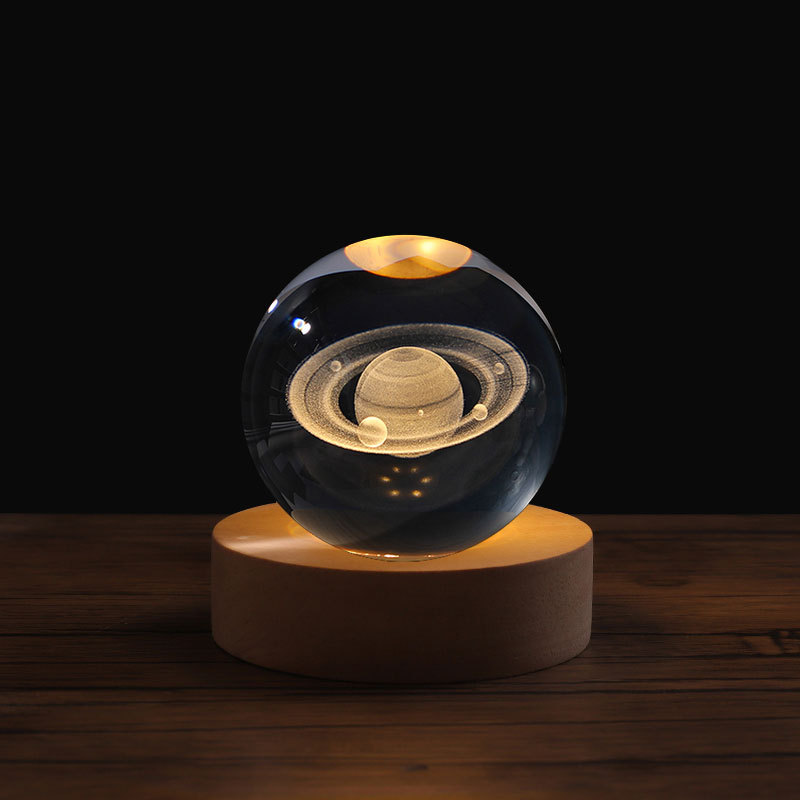 temu amazon una lámpara de noche de cristal de bola galáctica 3D láser interior grabado adornos de madera lámpara de noche galáctica