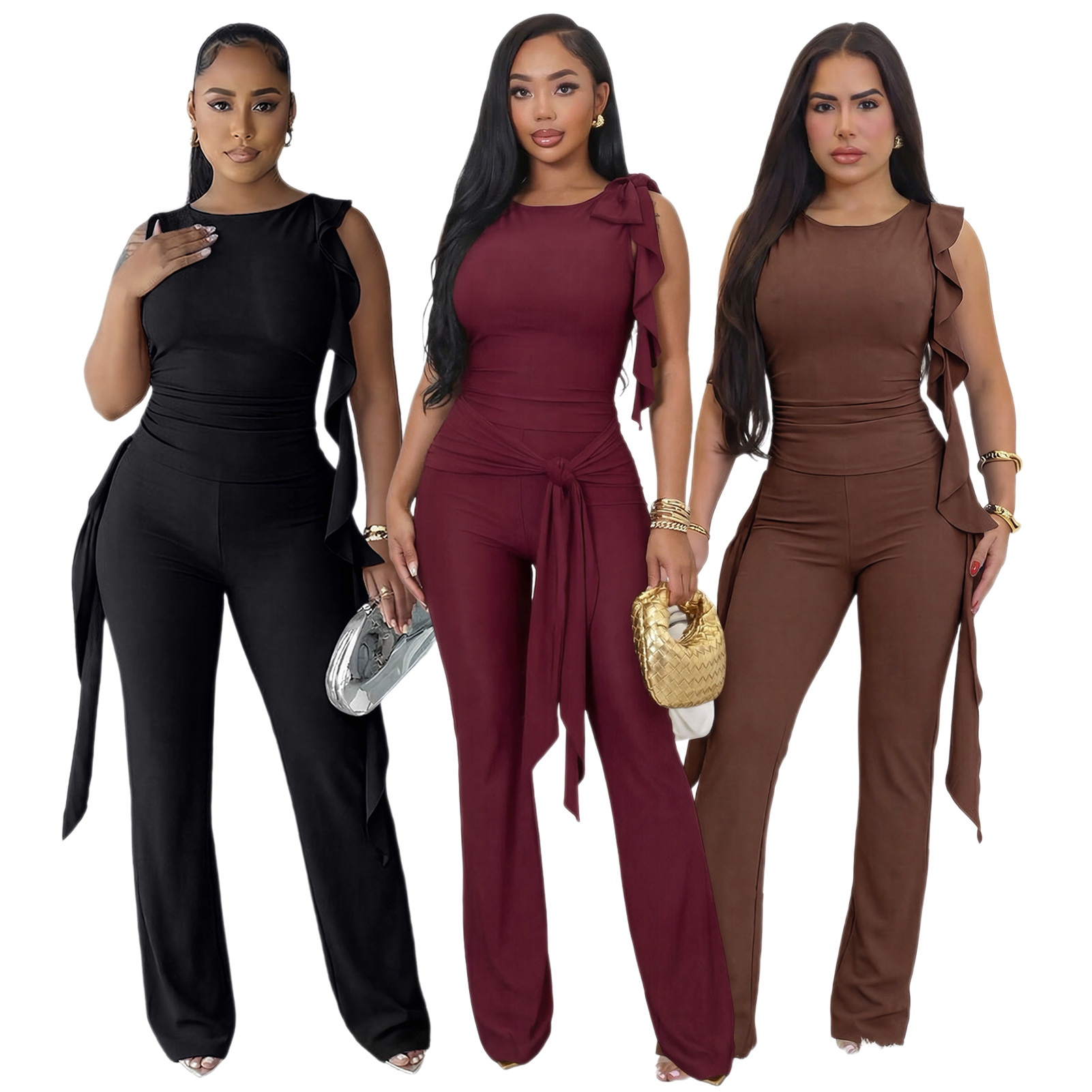 Women's Clothing Women's Solid Color Ruffled Slim Fit Flared Pants Set Fashionable Casual Two Piece Tie Up For Formal & Casual_voghion.com