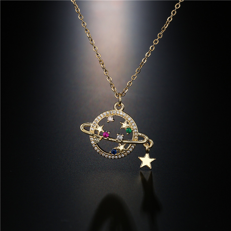 copper micro-inlaid color zircon personality planet pendant 18K gold plated star necklace