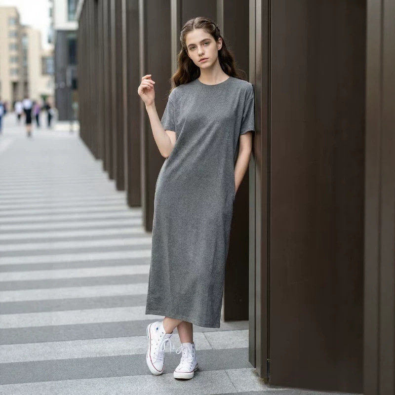 Perfect for Both Commuting and Casual Wear! Korean-Style Versatile Washed Cotton T-Shirt Dress, Lazy Style Slimming Casual Dress Perfect for Both Commuting and Casual Wear! Korean-Style Versatile Washed Cotton T-Shirt Dress, Lazy Style Slimming Casual Dress