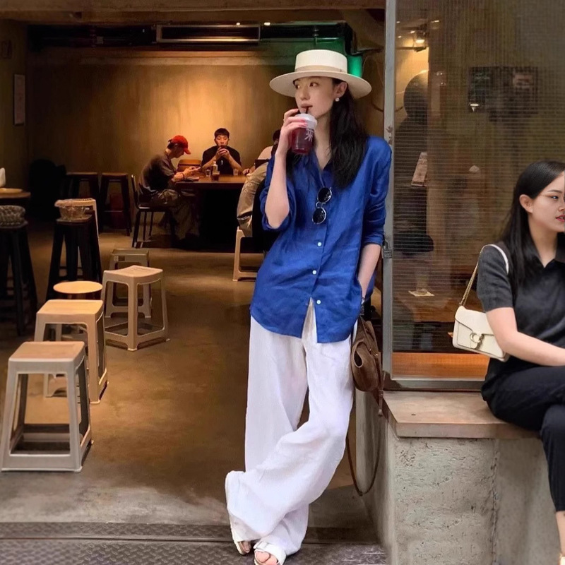Lao Qian Feng Linen suit Women's Shirt Summer New Fashion Sunscreen White Cotton Linen Shirt High-grade Sense Wide-leg Pants