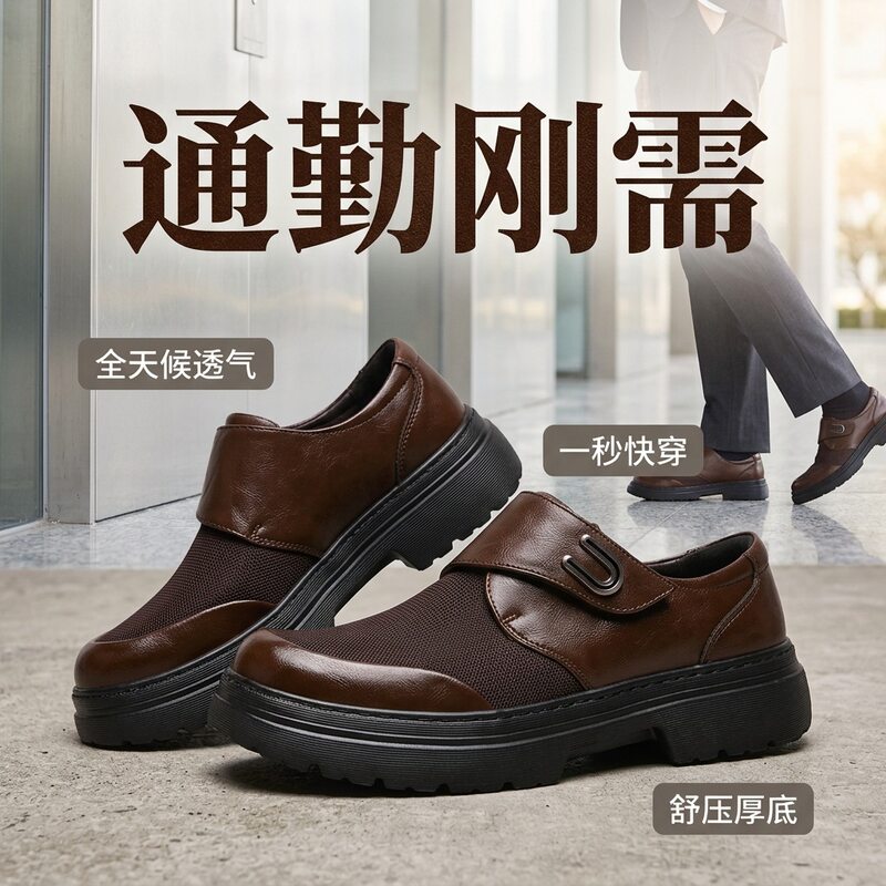 Giày lười nam da thật phối lưới thoáng khí, đế dày 3 cm chống trượt, gót thấp — Màu cà phê, màu đen