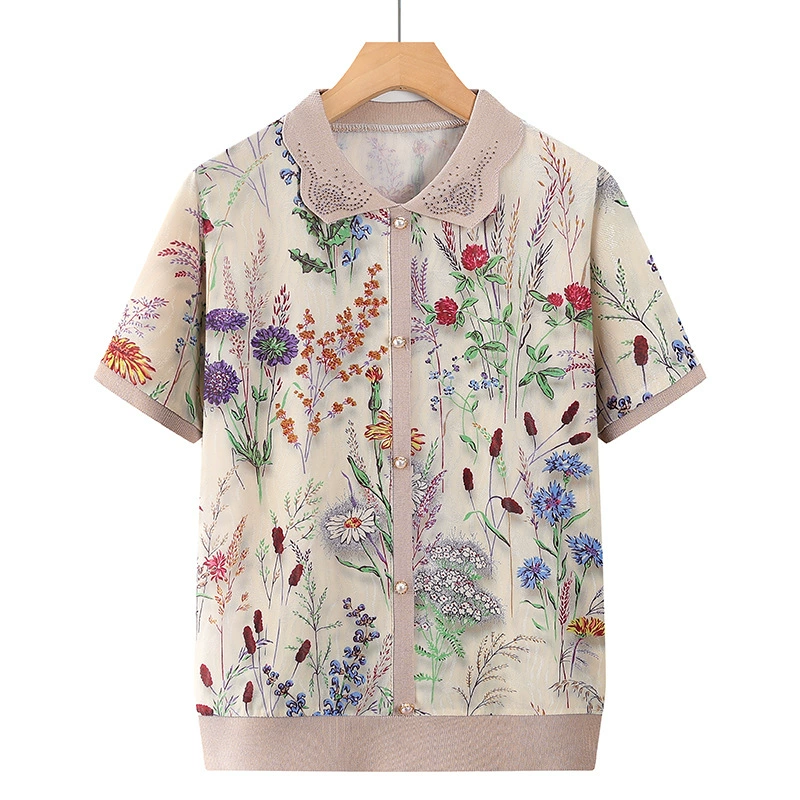 Летняя футболка с короткими рукавами для мам среднего и пожилого возраста, повседневный топ с лацканами для старухи, тонкая свободная рубашка для бабушки для женщин