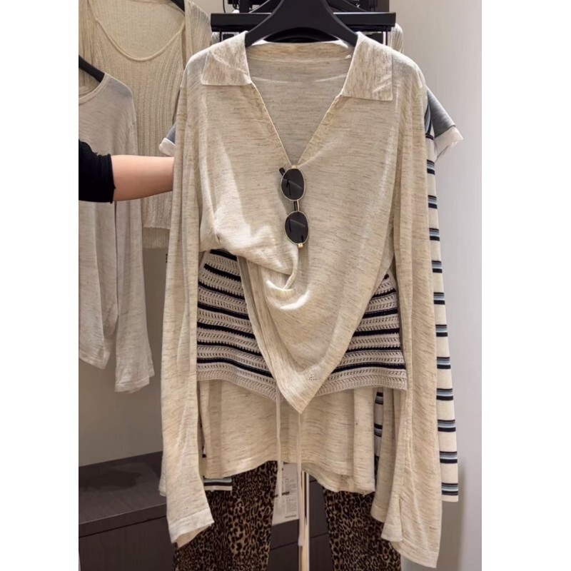 Old Money Style Cool and Lightweight Polo Shirt T-Shirt Loose Top + Knitted Striped Wide-Leg Casual Shorts Set for Women Trendy