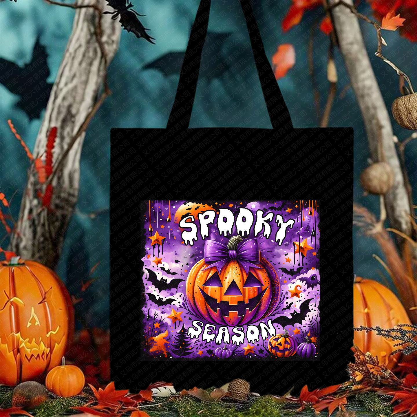 跨境热卖万圣节帆布手提袋可爱卡通蝙蝠动物杂货女巫单肩包