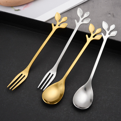 Stainless steel leaf golden coffee spoon stirring spoon titanium plated ice cream dessert spoon honey bird's nest mug spoon