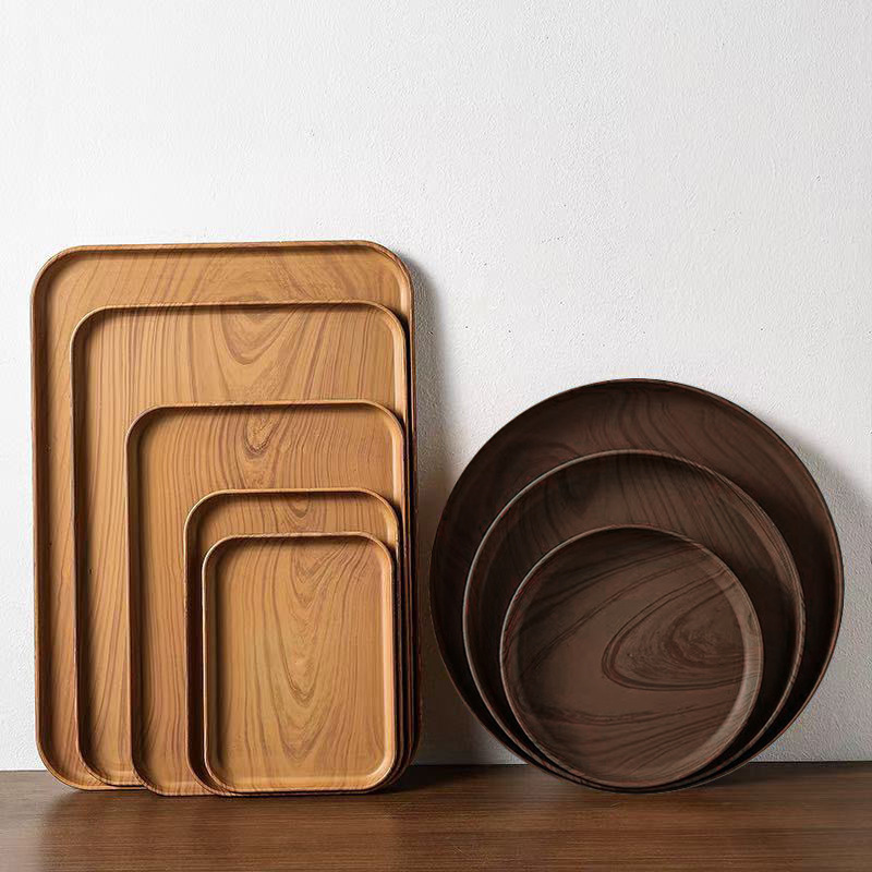 Cross-border Retro Style Imitation Wood Grain Tray Square Circular Tray for Food and Beverage Snack Diment Tray for Living Room and Dining Room Tea Tray