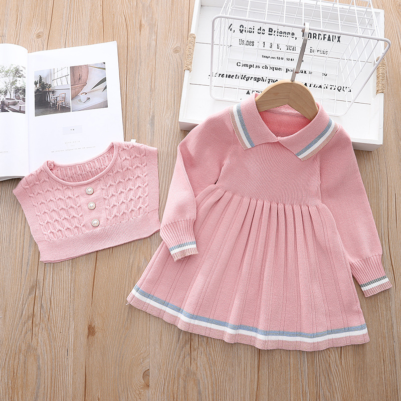 Kinder 2024 Neues Pulloverkleid Zweiteiliges Set Mädchenweste + Kleid Gestrickter Wollrock_voghion.com