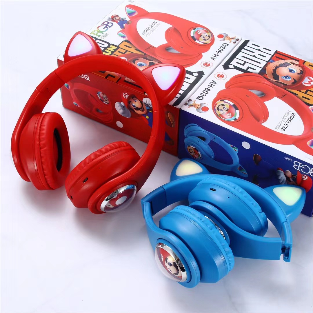 Comercio exterior AH-803Q oídos de gato Mario auriculares Bluetooth inalámbricos auriculares estéreo plegables de dibujos animados image 3