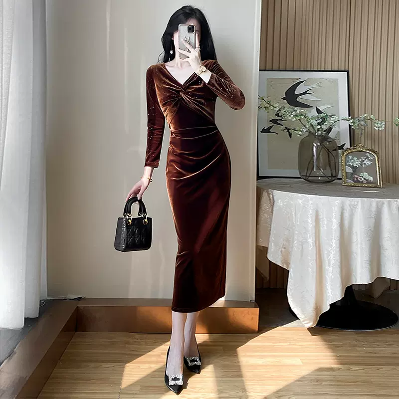 包臀金丝绒轻熟风连衣裙名媛宴会3377不低于238高腰显瘦时尚气质