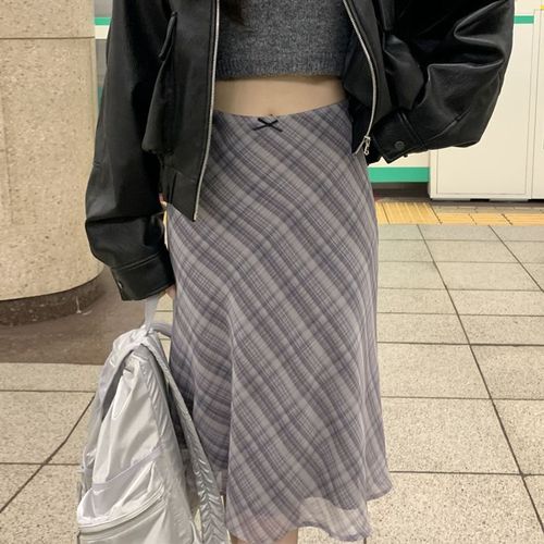 New chic French tweed retro high-waist cross-over versatile contrasting check fish-tail skirt knee-length