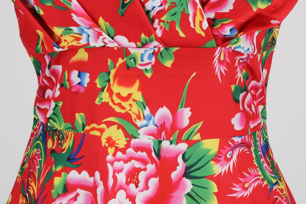 Robe amincissante à imprimé floral rétro et col en V pour femme – Robe d'été élégante mi-longue à manches courtes_voghion.com