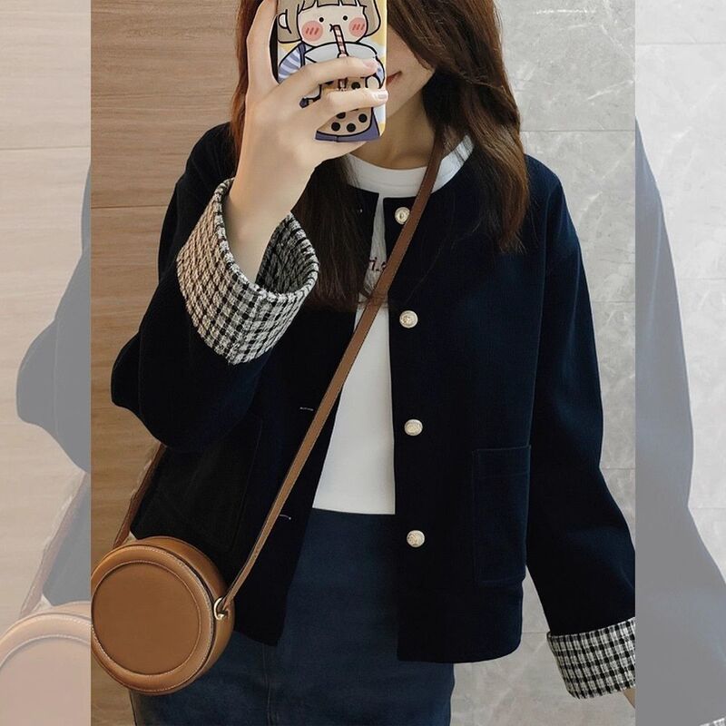 Chanel-Style Short Jacket for Women, New Spring and Autumn Model, Patchwork Plaid, Korean Style, Relaxed and Lazy, Petite, Vintage Elegant Top Chanel-Style Short Jacket for Women, New Spring and Autumn Model, Patchwork Plaid, Korean Style, Relaxed and Lazy, Petite, Vintage Elegant Top