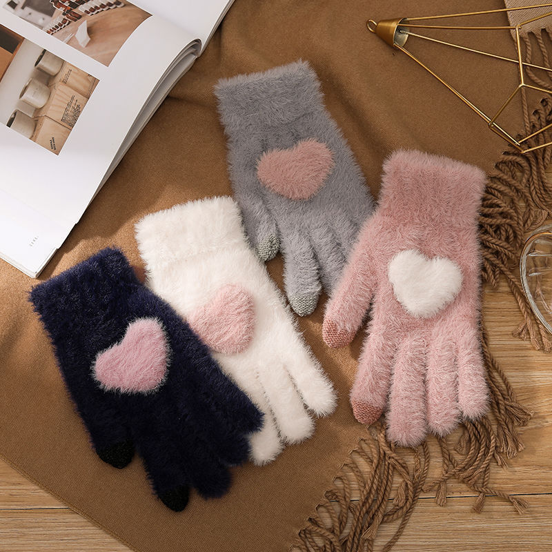 New style gloves for women with touch screen, cute, warm, velvet, thickened and cold-proof, Korean version for students with five fingers, autumn and winter cycling