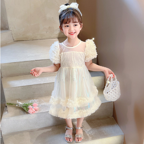 Summer Dress for Girls 2024 New Arrival Mermaid-inspired Netting Princess Dress Trendy Short-sleeve Skirt