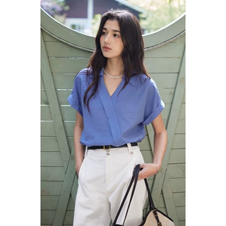 solighter 法式亚麻混纺v领短袖衬衫女夏季