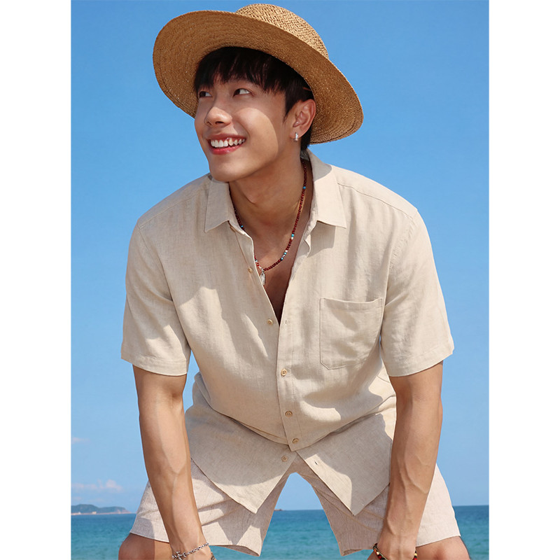 Men's Clothing Men's Old Fashion Style Brown Linen Shirt Summer Vacation Wear Ice Silk Sun Protection Casual Short Sleeve Shirt For Married Men_viptrois.com