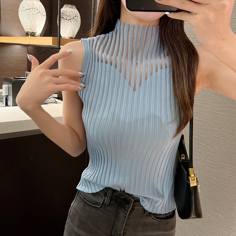Ice Cool Silk Sexy Pure Desire Half-high Neck Hollow Knitted Camisole Women's Spring and Summer Design Skinny Base Shirt Ice Cool Silk Sexy Pure Desire Half-high Neck Hollow Knitted Camisole Women's Spring and Summer Design Skinny Base Shirt