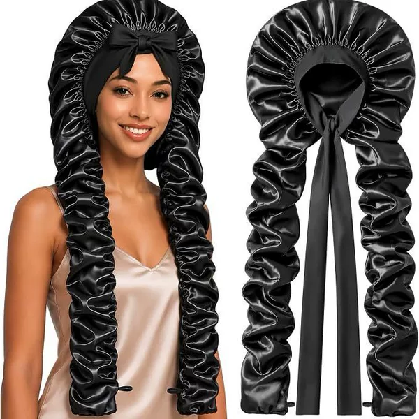 Upgraded double-layer satin adjustable ribbon sleep cap, pleated long tube dreadlock cap, non-heating long hair curling cap