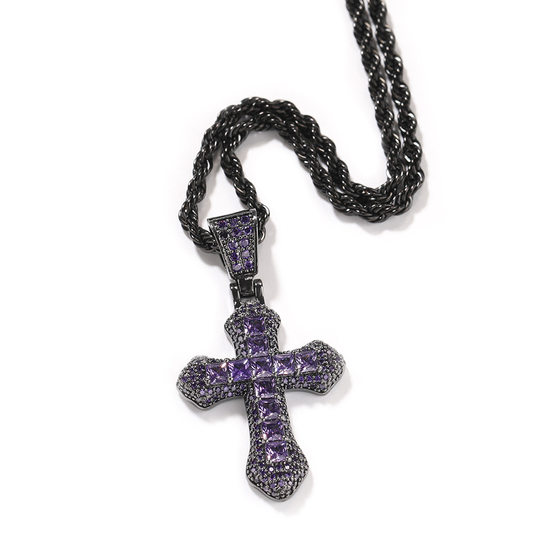 Hip-hop New Blue Zircon Cross Men's Necklace Fashion All-match Heavy Industry Punk Woolen Chain Cross-border Jewelry