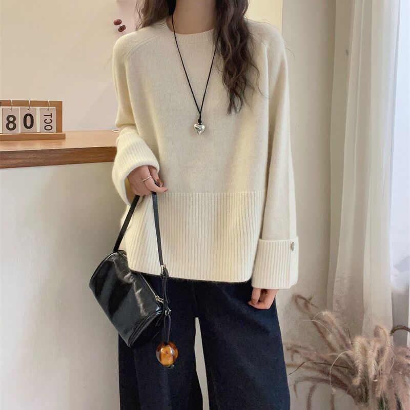 法式高级感袖口加厚圆领毛衣女秋冬软糯慵懒风内搭打底针织衫上衣|undefined