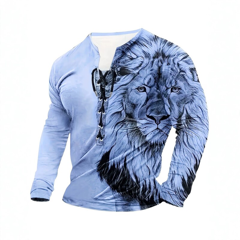 American retro lion king print long-sleeve men's fashion niche lace-up henley collar casual loose long-sleeve T-shirt American retro lion king print long-sleeve men's fashion niche lace-up henley collar casual loose long-sleeve T-shirt