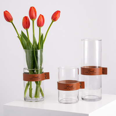 亦恩 北欧家居森系装饰品小清新少女卧室ins皮圈直筒玻璃花瓶