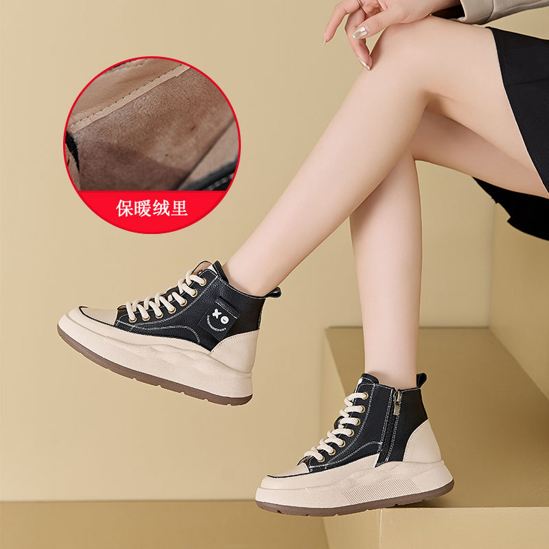 Otoño nuevo cuero casual zapatos individuales para mujeres 2024 pequeño aumento de altura de suela gruesa con cremallera lateral delgada zapatos 550