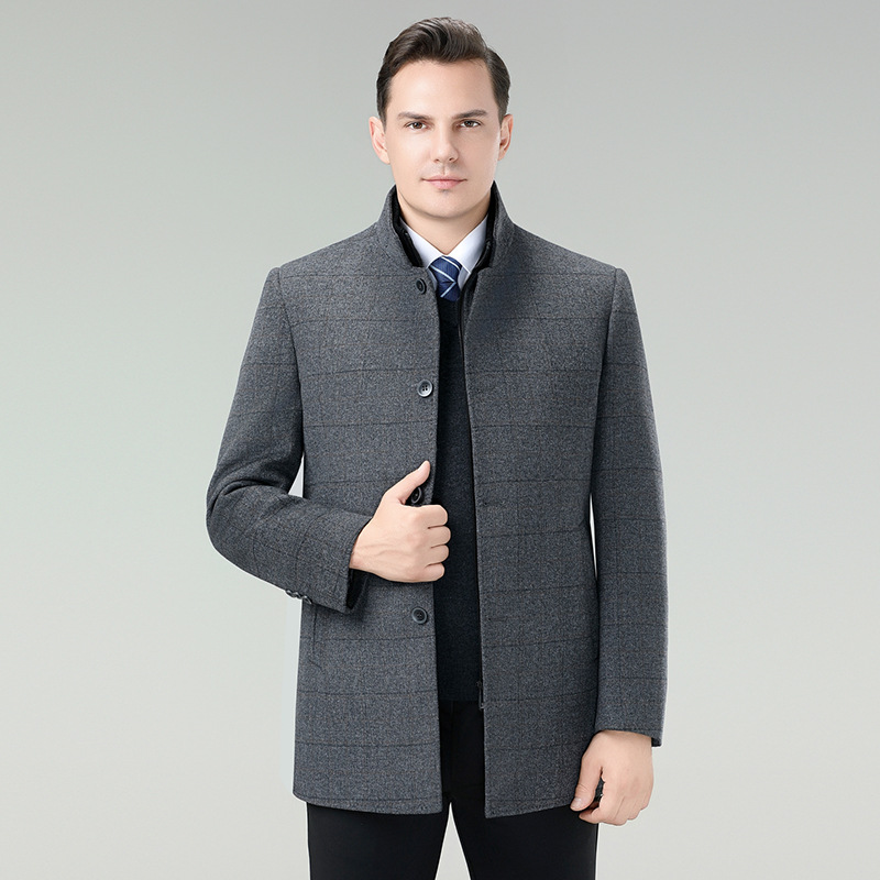High-end, thick wool overcoat for middle-aged men from major brands, business style, stand-up collar, warm down jacket, plus size outerwear.