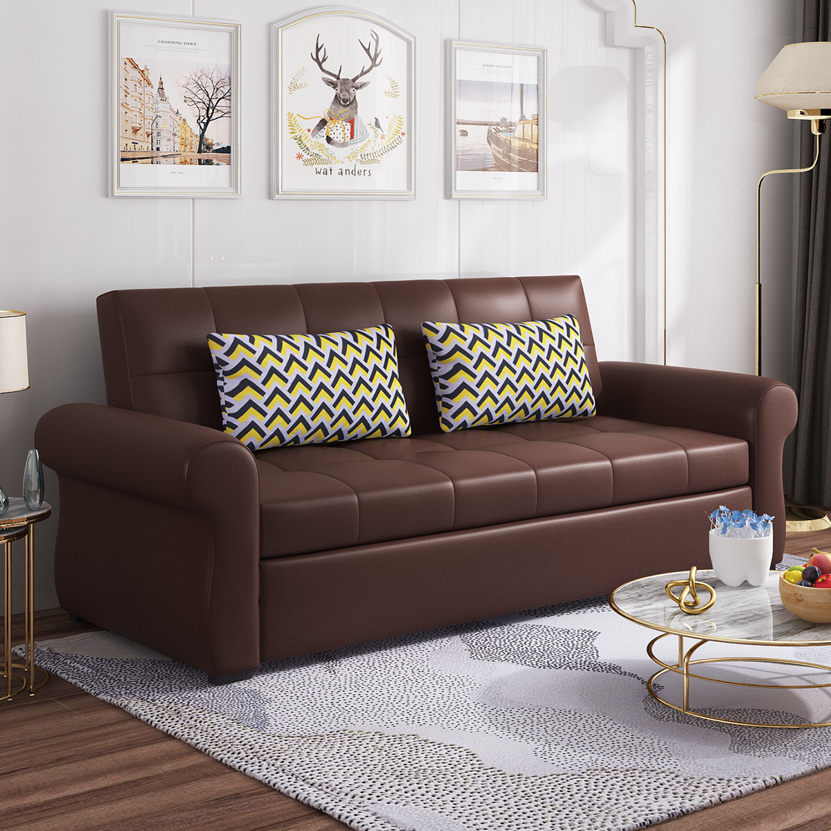 Sofá cama multifuncional verde claro pequeño tipo de casa de látex doble doble triple plegable sofá cama de cuero