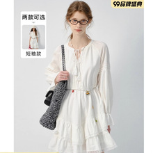 VEGA CHANG白色连衣裙女2025春秋新款法式V领长袖高级感蕾丝裙子