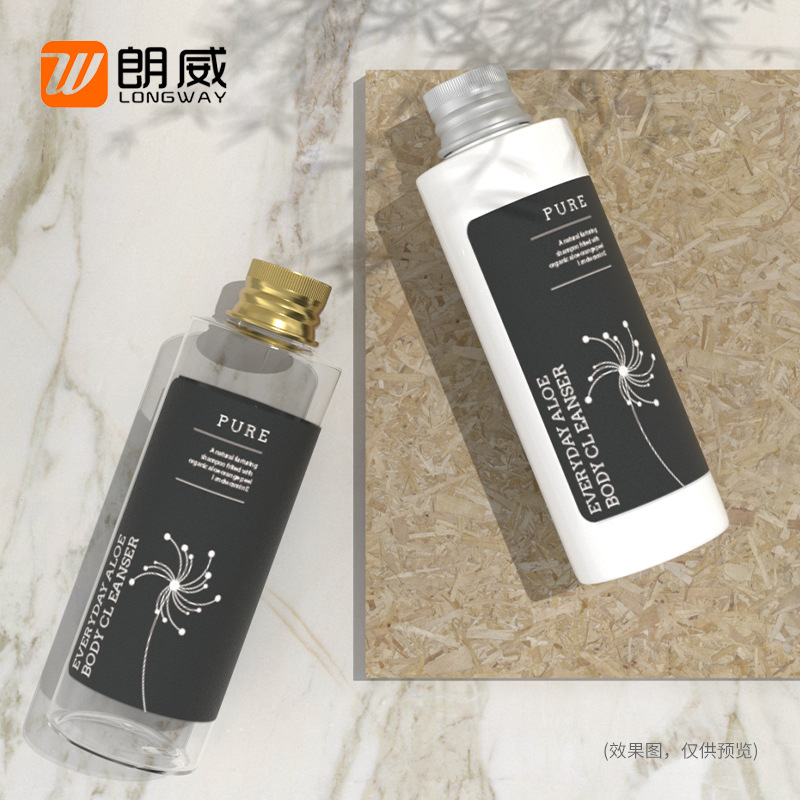 Langwei 150ml hombro plano plata botella de tapa de aluminio botella de plástico cosmético sub-embalaje puro botella de rocío PET botella de tapa de aluminio
