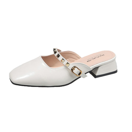 2025 Summer New Style Baotou Thick Heeled Half Slippers Sandals Women's Casual Fashion Fairy Style Outfit Rivet Internet Popular Women's Shoes