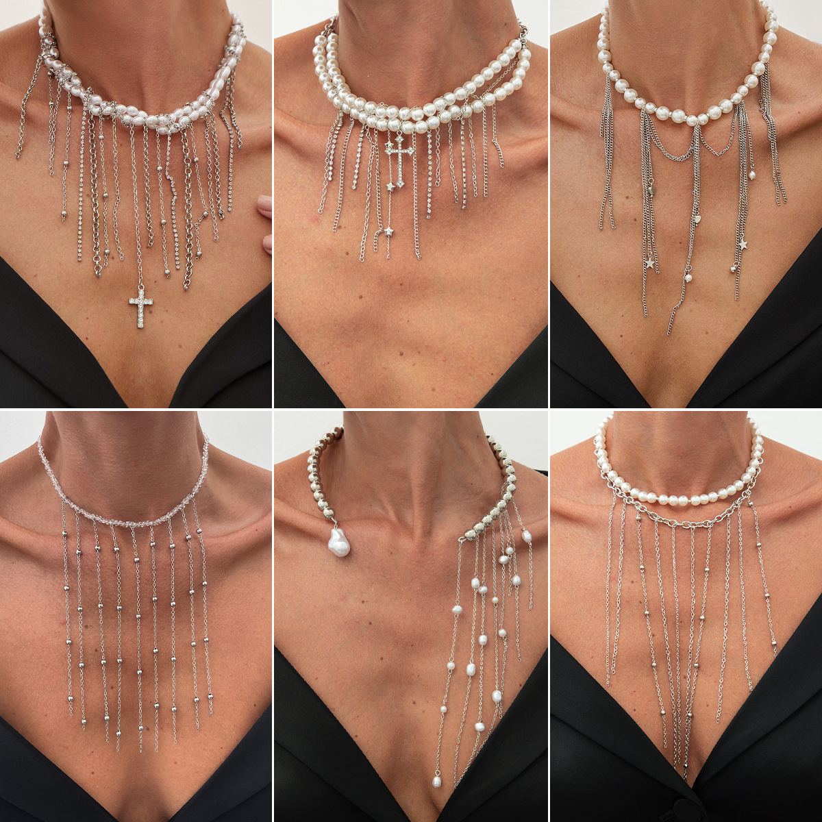 European and American Cross-Border Elegant Imitation Pearl Tassel Beaded Clavicle Necklace Hip-Hop Ins Style Diamond Cross Collar for Women