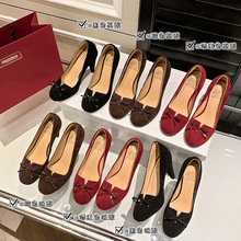 两种跟高大长腿锥形超高跟2024春圆头蝴蝶结羊反绒面单鞋女42大码