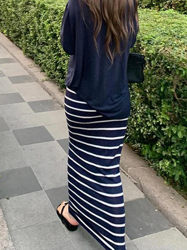 慵懒感条纹撞色休闲长裙女夏新款气质高腰修身显瘦百搭半身裙春秋|undefined