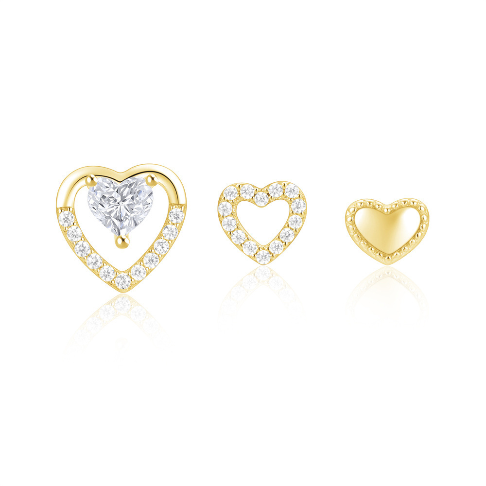 Sweet, IG Style Style 3 Pieces Set 925 Sterling Silver Zircon Heart Shape Ear Studs