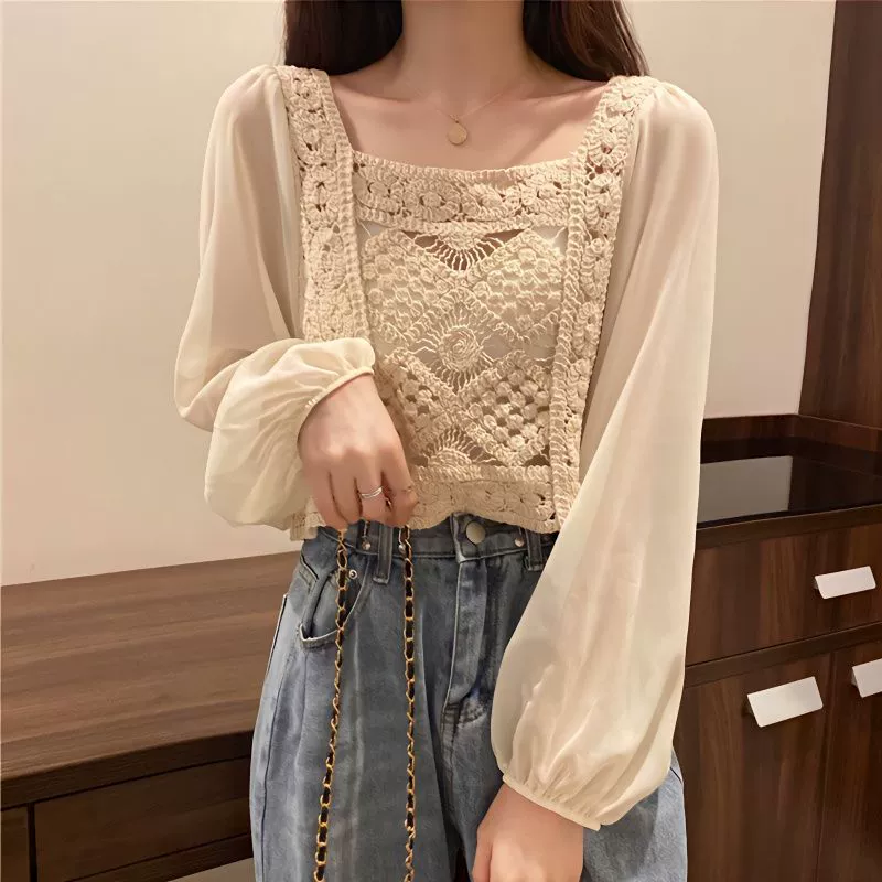 Short blouse, women, French style, square neckline, long sleeves, autumn 2025