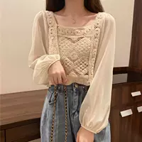 Short blouse, women, French style, square neckline, long sleeves, autumn 2025