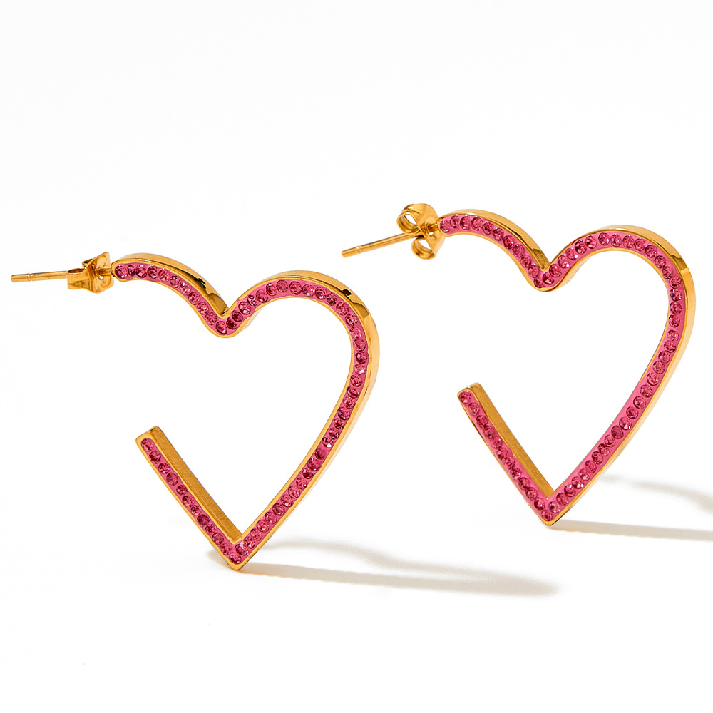 Fashion Heart Shape Stainless Steel Inlay Rhinestones Earrings 1 Pair
