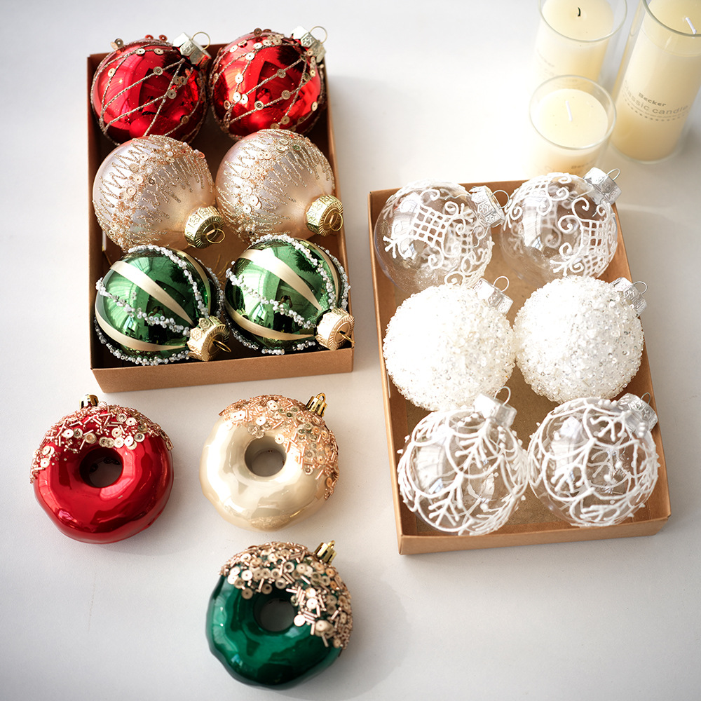 Bolas pintadas transfronterizas 8CM bola transparente donuts sandía bola set decoración de Navidad bobinado bola hecha a mano