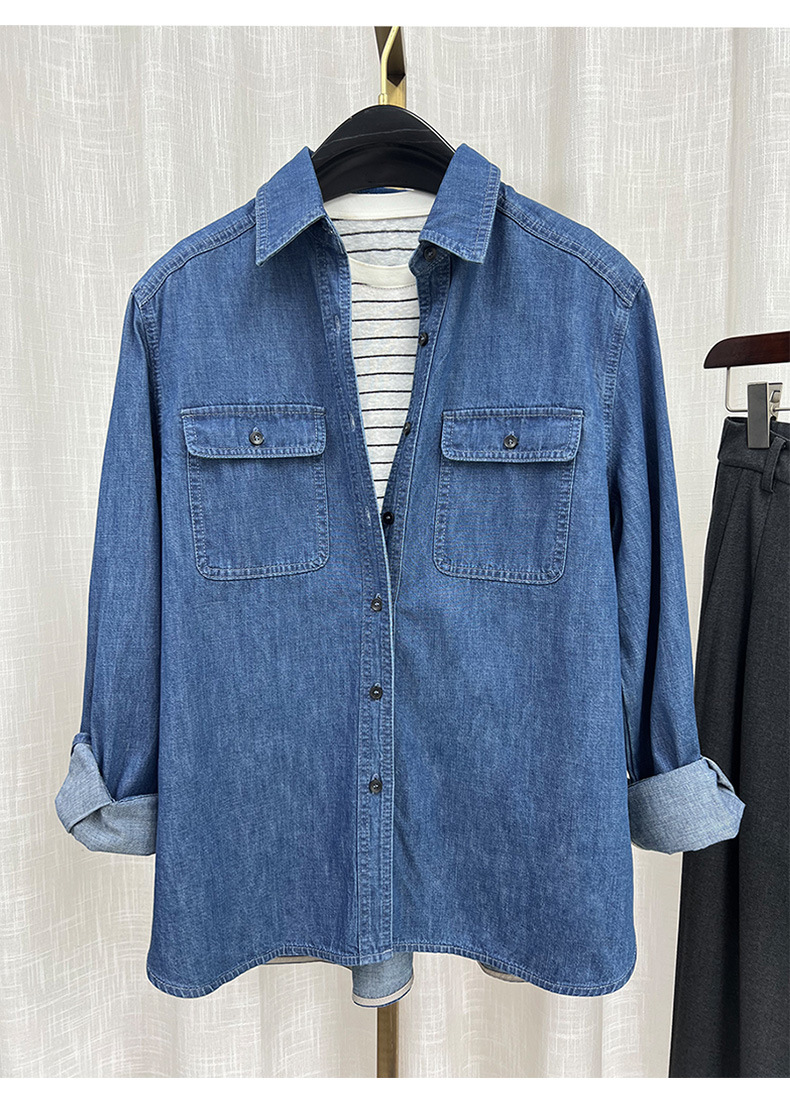 Áo sơ mi denim phong cách Hồng Kông cổ điển dáng rộng, mặc nhiều lớp — màu xanh chi tiết 3