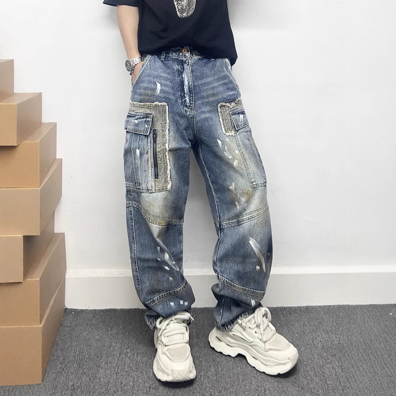 Heavyweight American-Style Multi-Pocket Distressed Zipper Functional Wide-Leg Jeans for Men, Loose Straight-Leg Drape Biker Niche Heavyweight American-Style Multi-Pocket Distressed Zipper Functional Wide-Leg Jeans for Men, Loose Straight-Leg Drape Biker Niche